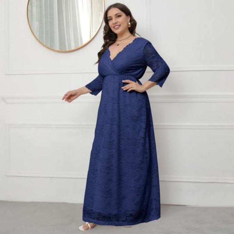 Plus Size Women Maxi Dress High Waist V Neck 3 4 Sleeve Long Dress Lace Flower Embroidery Wedding Vacation Dress