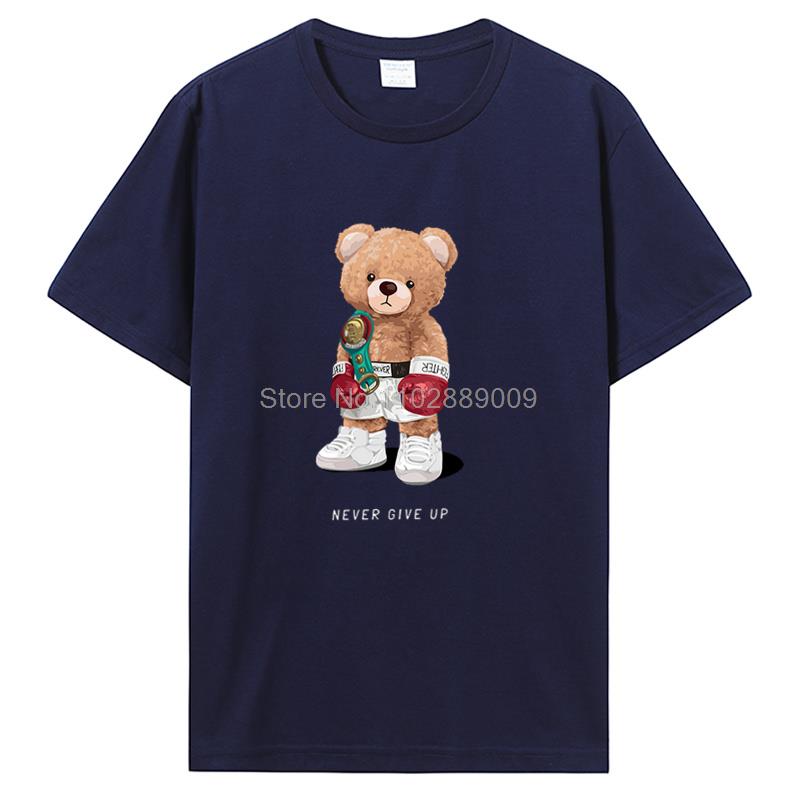 Strong Boxer Teddy Bear Never Give Up Print Men T-shirt Summer Short Sleeve Cotton Basic Tops Tees TShirt Streetwear Clothes