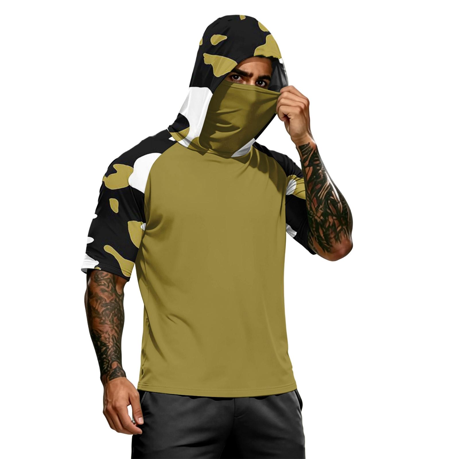

Men Hooded Short Sleeve T Shirt Patchwork Raglan Sleeve Pullover Lightweight Casual Athletic Top for Outdoor Sports L