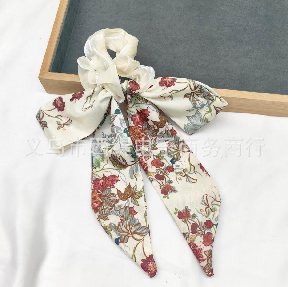 Floral Pattern Long Tail Hair Scrunchie Elastic Hair Band Ribbon Tie Accessory for Women Girls Suitable for Various Hairstyles One Size