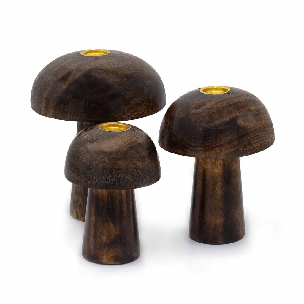 Wooden Mushroom Candle and Incense Holders, 3-Piece