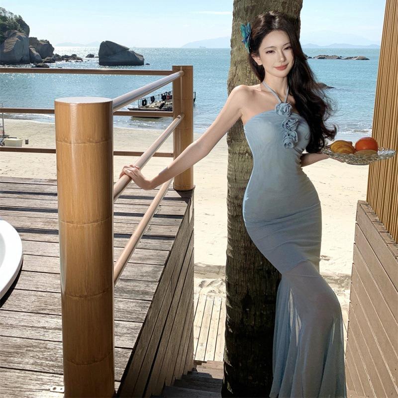 Spice Girl Pure Desire Three-dimensional Flower Blue Neck Dress Seaside Vacation Sexy Mesh Fishtail Dress