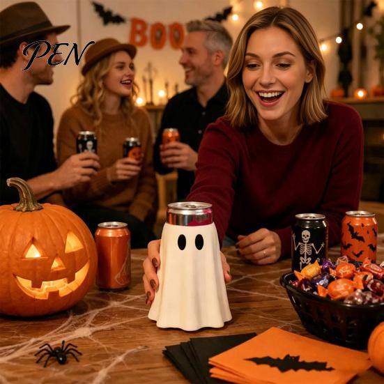 Holiday Table Decoration Halloween Ghost Can Holder, Spooky Figurine Drink Reusable Flexible Holder Cooler Sleeve, for Party Slim Standard And