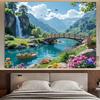 2D Bergsee-Wandteppich, 2D-Flachdruck Wasserfall und Brücke mit lebendigem Blumenhintergrundstoff