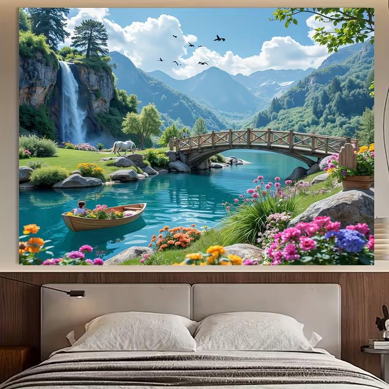 2D Bergsee-Wandteppich, 2D-Flachdruck Wasserfall und Brücke mit lebendigem Blumenhintergrundstoff