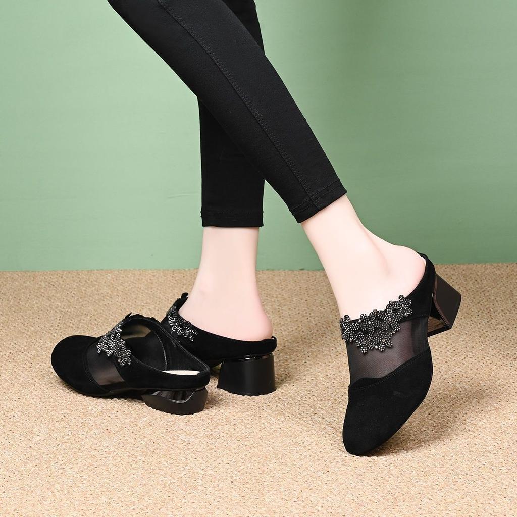 Women's Mules Slippers and Ladies Sandals Black Shoes Rhenstone Pointed Toe Slides Korea Style Comfortable Elegan Waterproof 39
