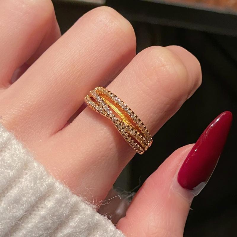 Vintage Geometric Brushed Lines Full Of Diamonds Zir*****Pen Ring Niche Design Temperament Exquisite Ring Woman