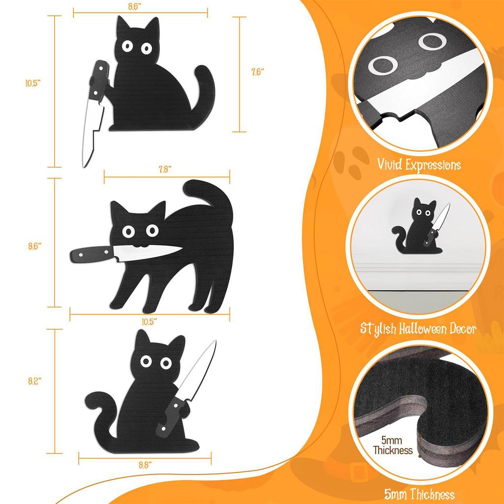 3Pcs Spookmas Indoor Decoration Wear Resist Wooden Spooky Wall Decors Funny Knife Cat Craft Pendant For Home Room Entryway Shelf
