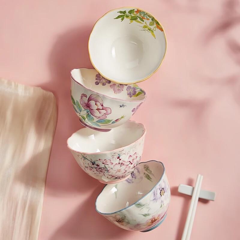 Chinese Style Twelve Flower Gods Ceramic Rice Bowl & Chopstick Set 4.5 Inch (Set of 4)