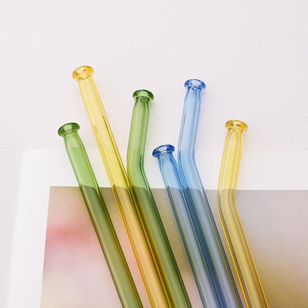 5pcs High Borosilicate Glass Straw Sets Reusable Bent Glass Straw Milk Tea Juice Cocktail Straw with Brush Party Bar Accessories