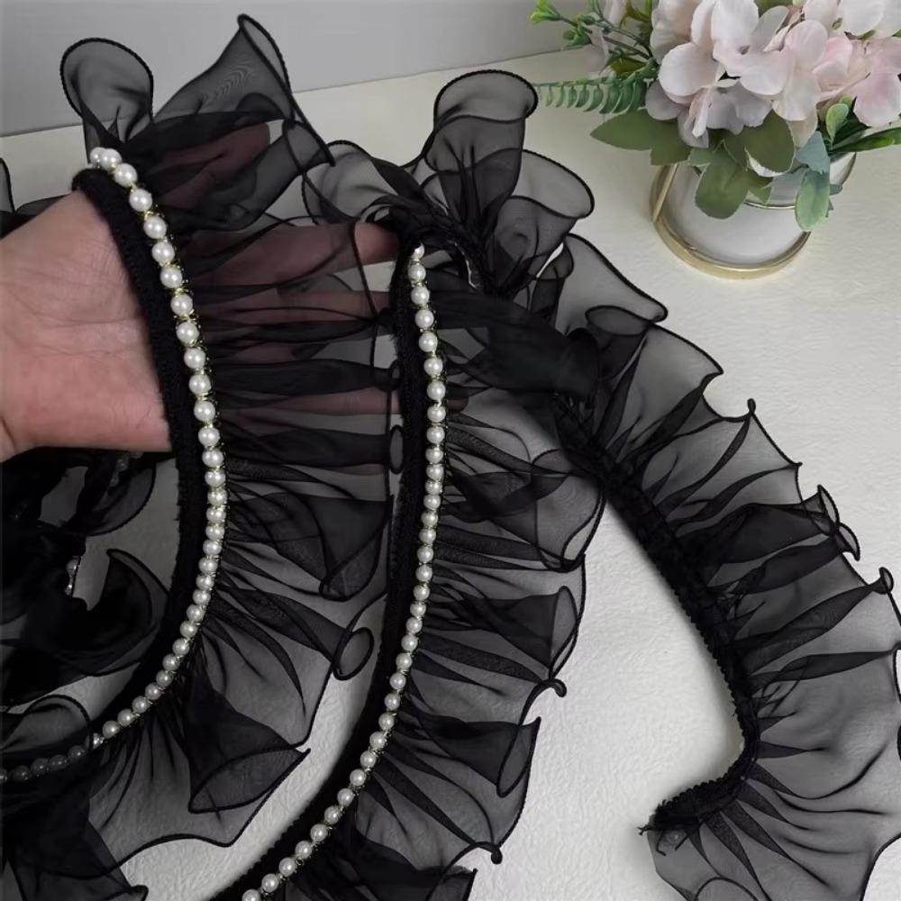 New 8cm Wide Beaded Ruffle Lace DIY Black Pleated Ruffled Fabric Organza Pearl Lace Accessories Dress Skirt Collar Edge