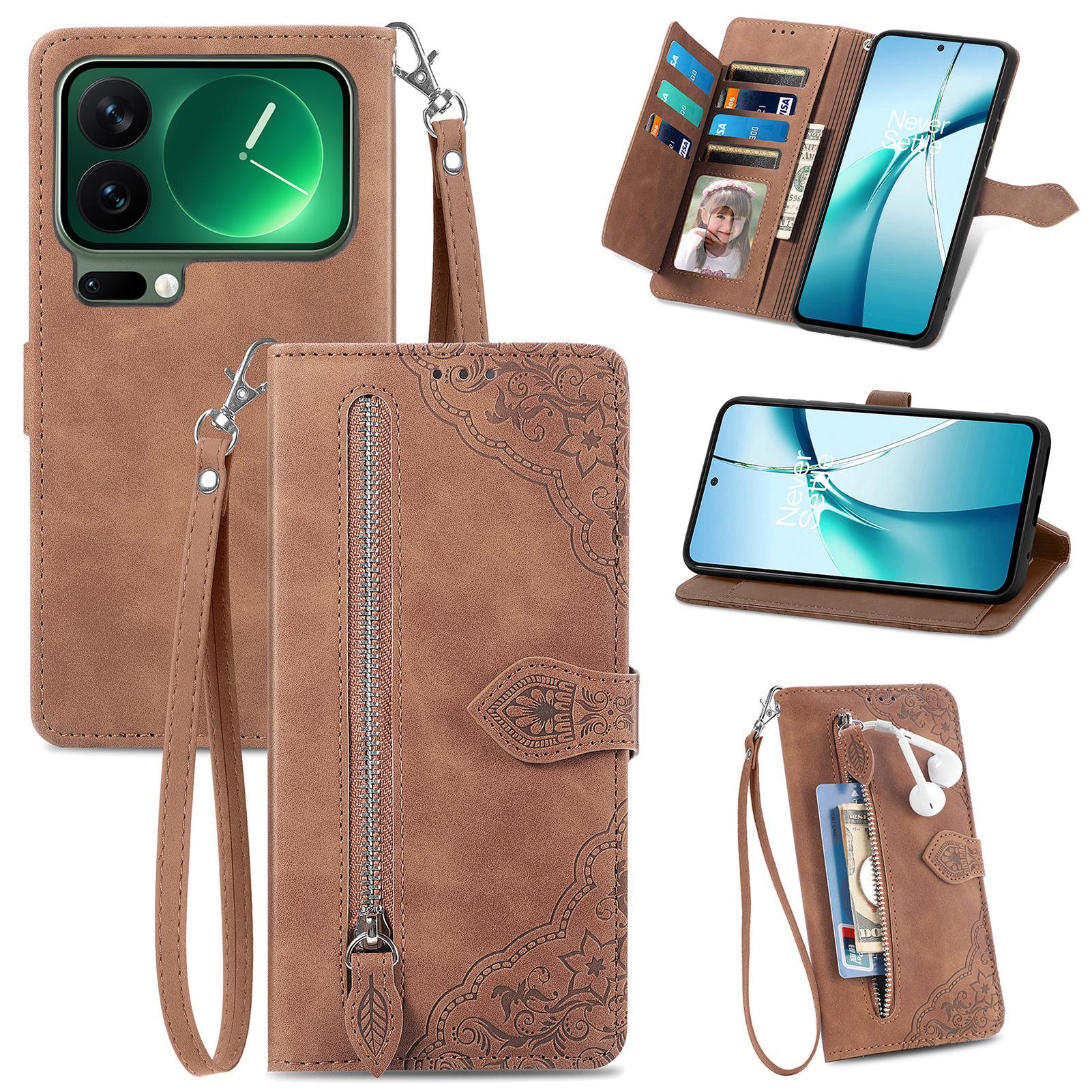 

For Xiaomi 17 Pro Zipper Wallet Case with Strap Flower Imprint PU Leather Phone Cover