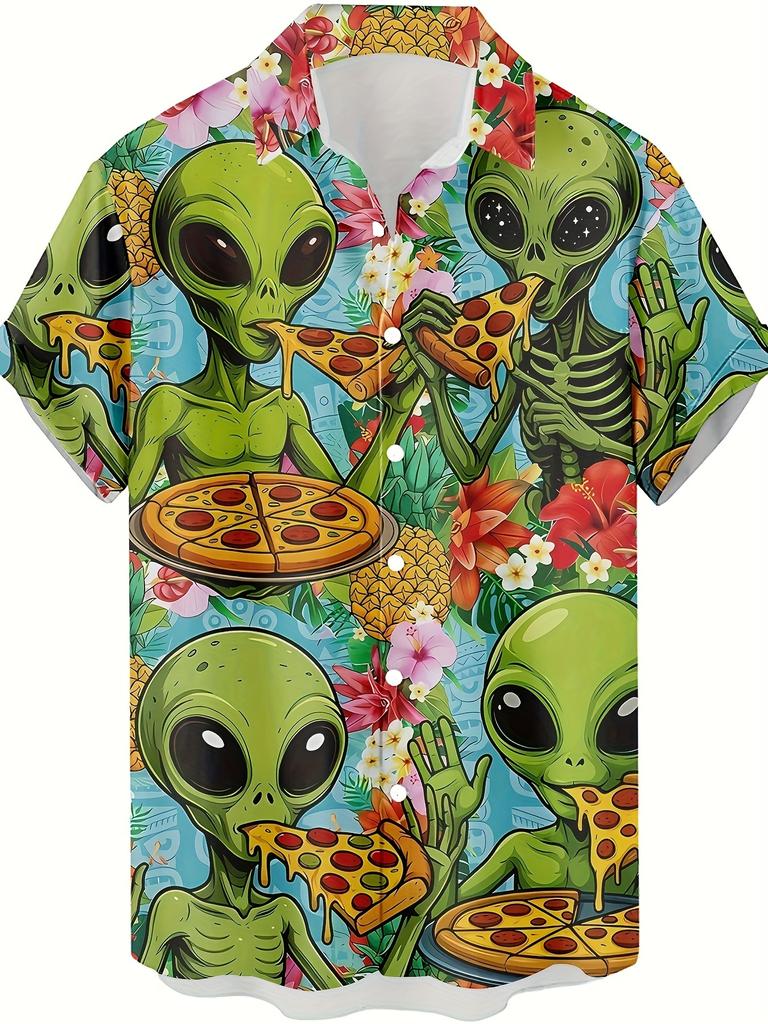 Funny Alien Eating Pizza Pattern Men'S Fashion Casual Shirt Hip Hop Rock Street Hawaiian Shirt