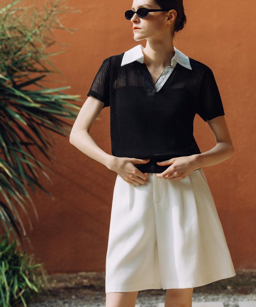OBER GOLF Linen Combination Mesh Knit Top (Black)