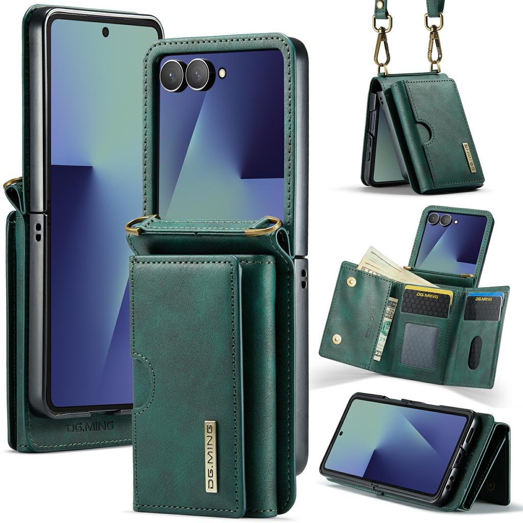 DG.MING M6 Series For Samsung Galaxy Z Flip7 5G Foldable Case PU+PC Phone Cover with Wallet/Shoulder Strap