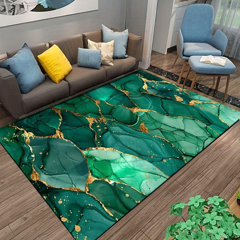 Green and Gold Marble Pattern Carpet, Modern Art Style Living Room Rug Suitable for use as an anti-slip for living room bedroom sofas