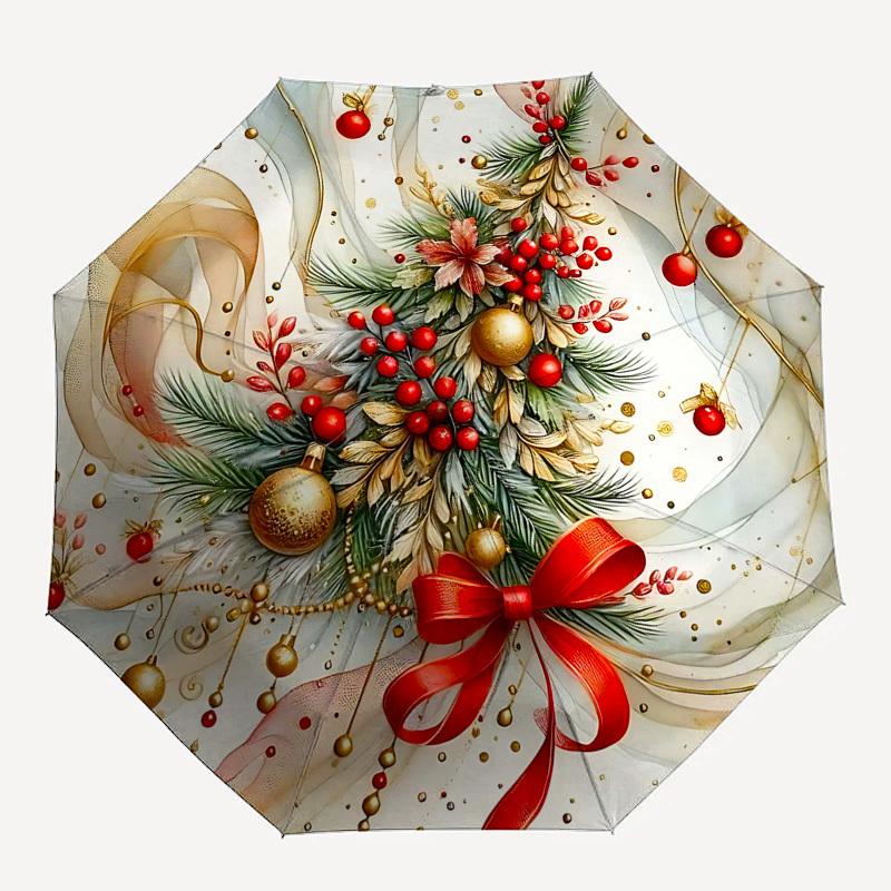 1pc Elegant Christmas Tree Design Automatic Folding Umbrella, Portable 3-Fold Design with Golden Berries, Red Ribbons, and Festive Flowers, Perfect Gi