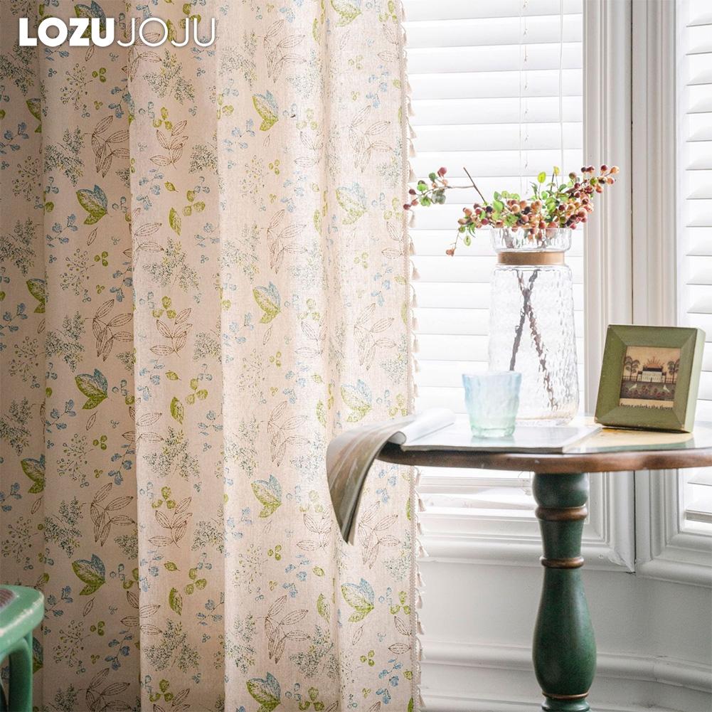 1PC LOZUJOJU Cotton and Linen Printed Beige Tassel Semi Blackout Curtains for Small Windows Balcony Home Decor