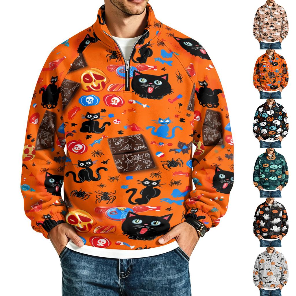 Men's Casual Stand Collar Raglan Sleeve Sweatshirt with Halloween Print