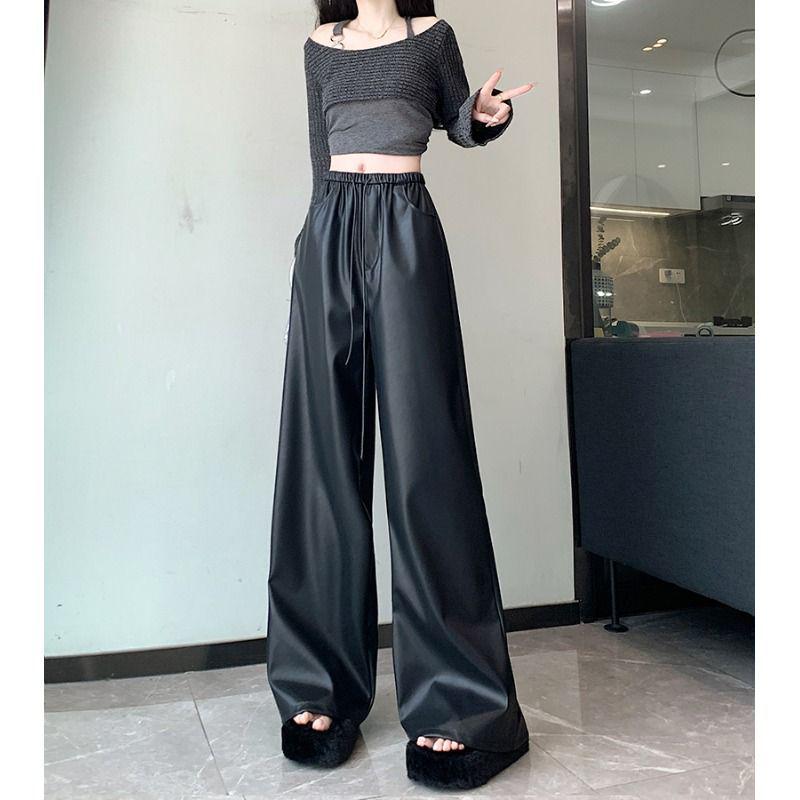 

Korean Style High-Waisted PU Leather Wide-Leg Pants - Women s Autumn Casual Solid Color Slimming Trousers S (suitable for 80-90 jin) чёрный