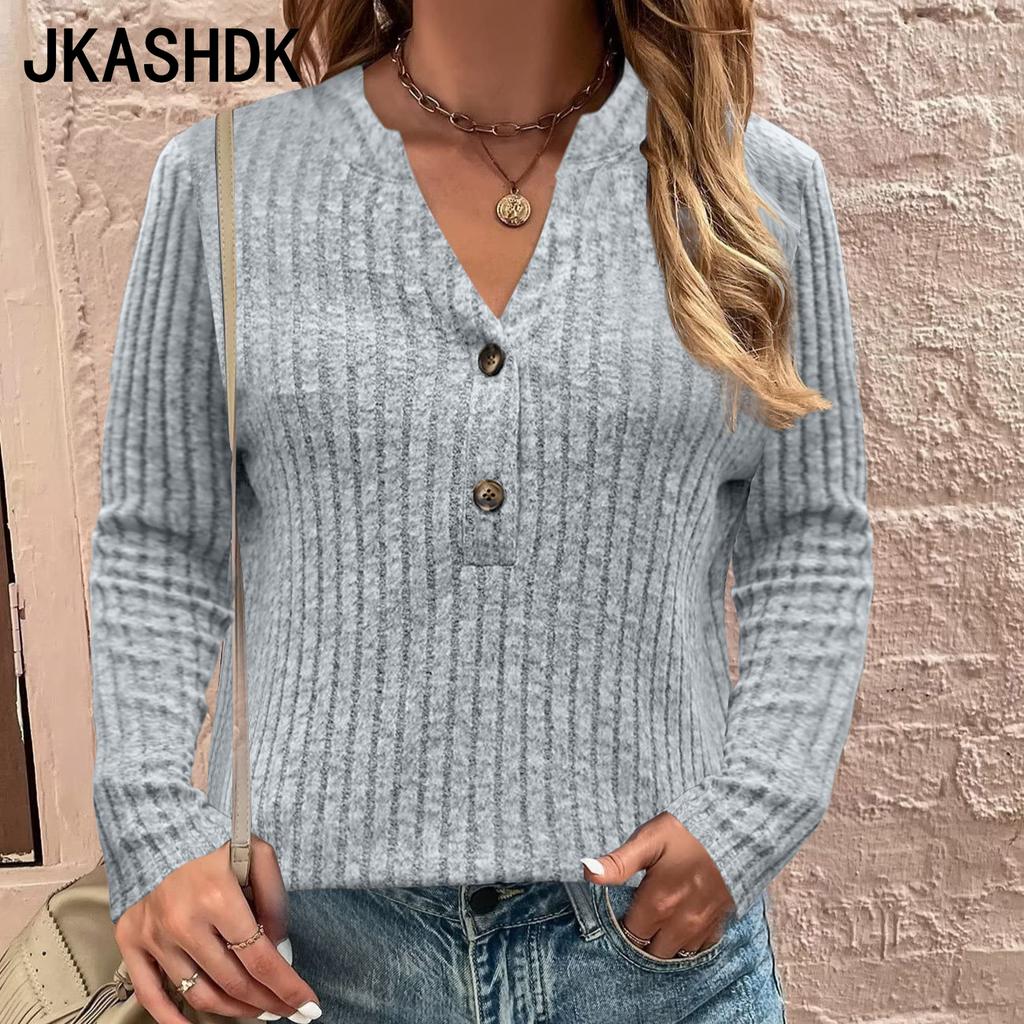 JKASHDK Women's Fashion Casual Spring Fall Solid Color Print Long Sleeve V-Neck Pullovers & Long Sleeves