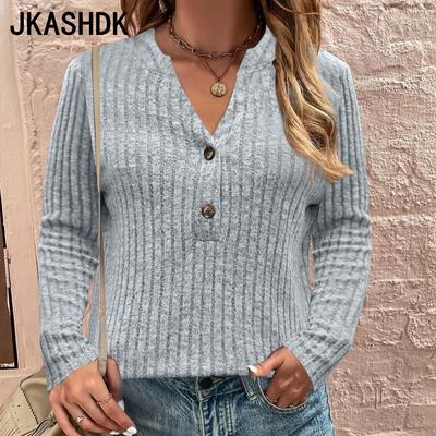 Women's Fashion Casual Spring Fall Solid Color Print Long Sleeve V-Neck Pullovers & Long Sleeves