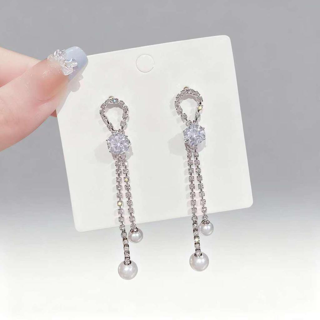 Korean Zircon Pearl Tassel Dangle Earrings - High-End Long Studs, New Super Fairy Style