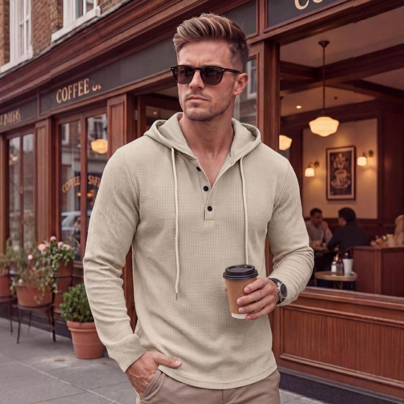 Mens Casual Waffle Knit Henley Hoodie