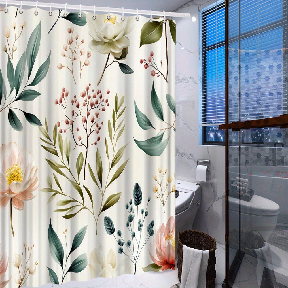 1 Exotic Botanical Shower Curtain - Flowers And Green Leaves On Cream Background, Polyester Fabric, Machine Washable, With Hooks