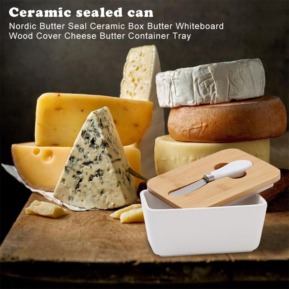Butter Sealing Box Ceramic Butter Plate Wooden Lid and Cutter Cheese Storage Tray Butter Dish Container Box