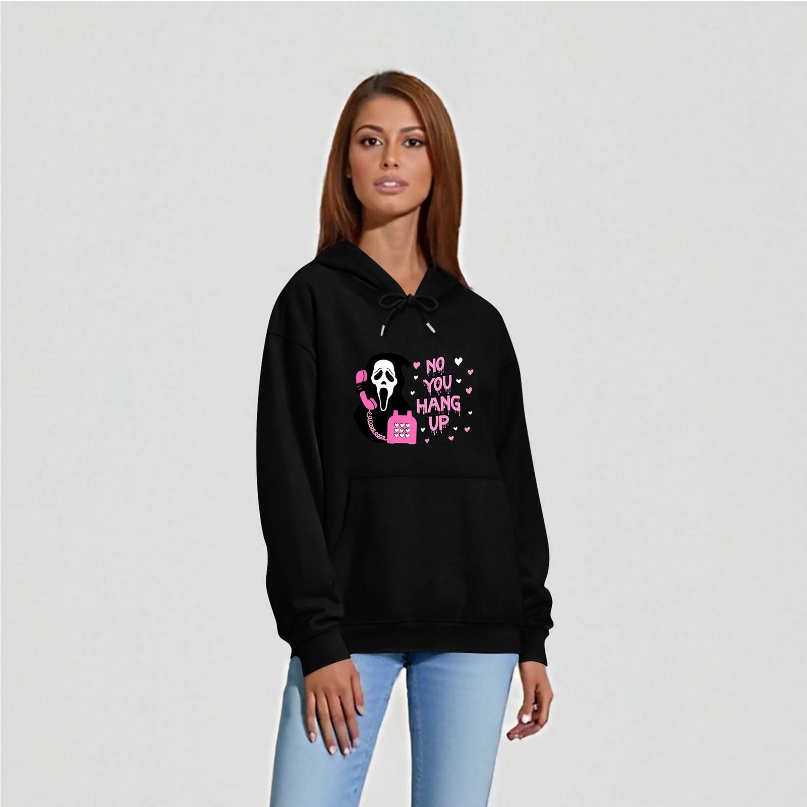 

Женская однотонная толстовка с капюшоном с длинным рукавом и принтом на Хэллоуин S чёрный