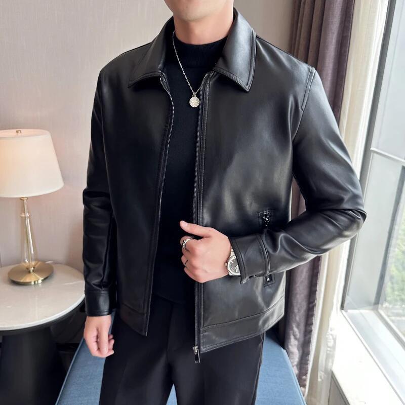 Men Bomber Faux Leather Jacket Men Solid Color Casual Slim Fit Jacket Coats Male Motorcycle Stand Collar Pu Jacket Fashion