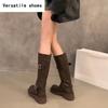Winter Women Knee High Boots Fashion Belt Buckle Knight Long Booties Designer Square Heels Botas De Mujer