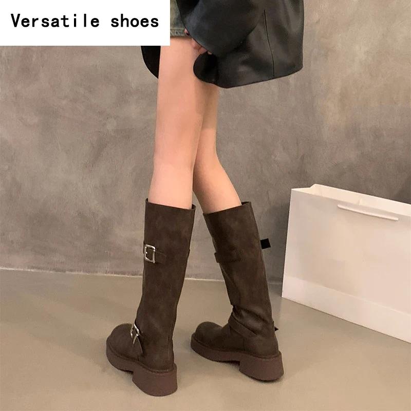 Winter Women Knee High Boots Fashion Belt Buckle Knight Long Booties Designer Square Heels Botas De Mujer