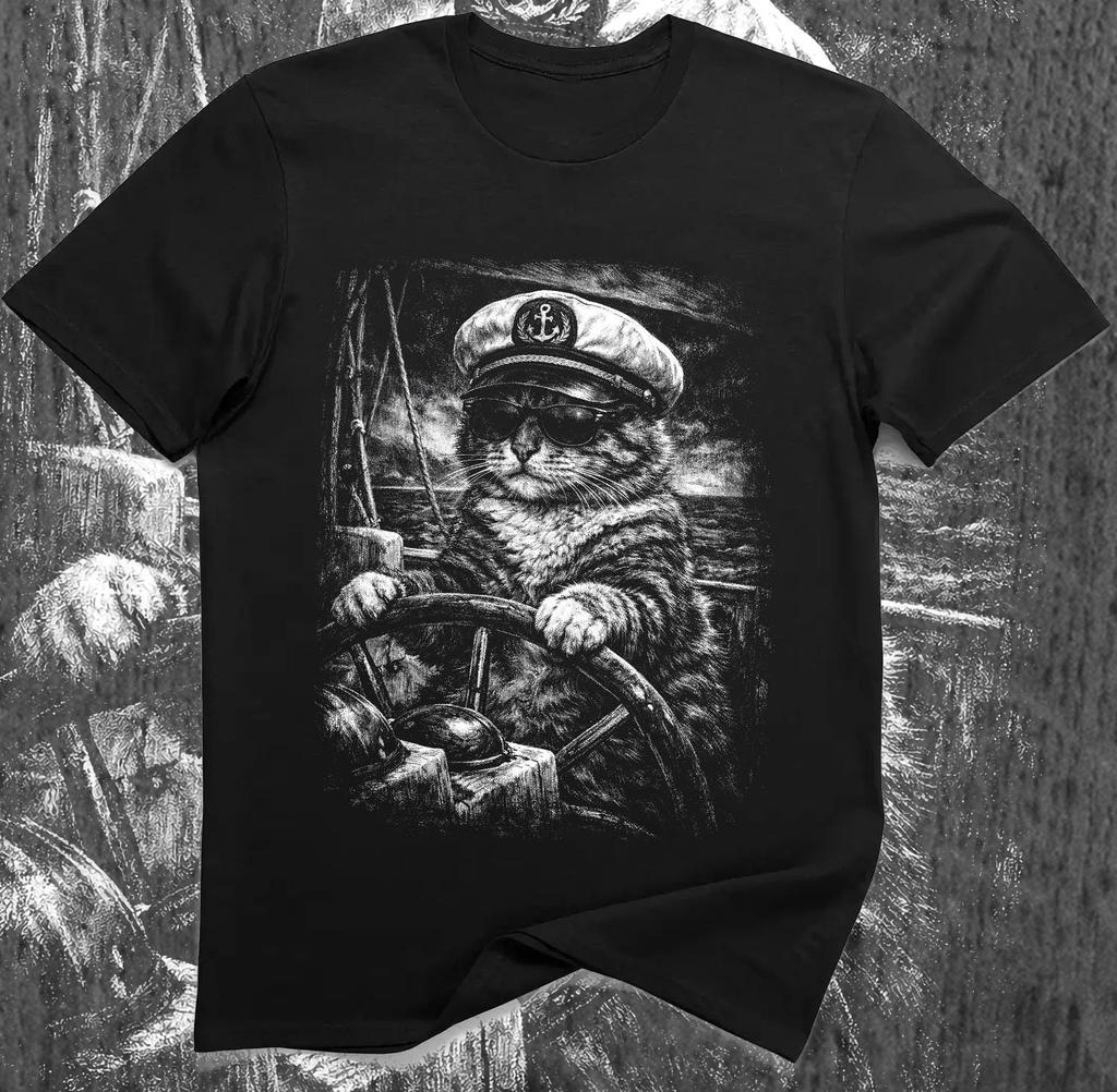 Nautical Sailor Cat Captain Shirt Vintage Maritime Ocean Sailing Graphic Tee