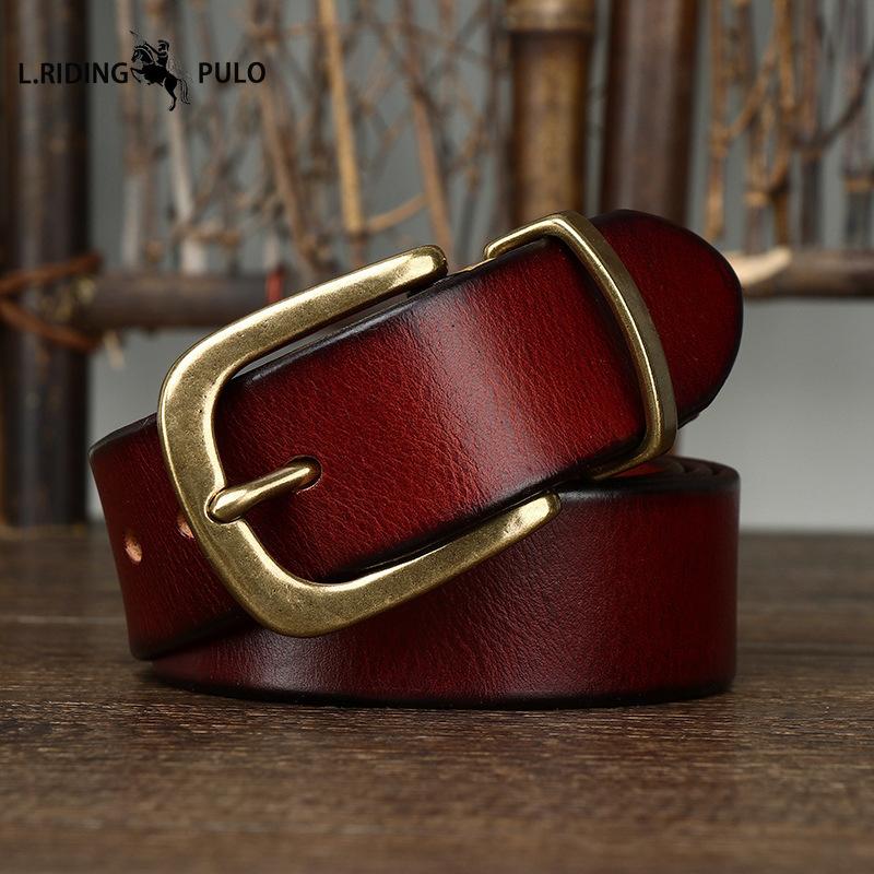 Ceinture en Cuir Véritable Cuir de Vachette Grain Supérieur Lavé Rétro pour Homme avec Boucle en Laiton, Nouvelle Ceinture Tendance Style Coréen