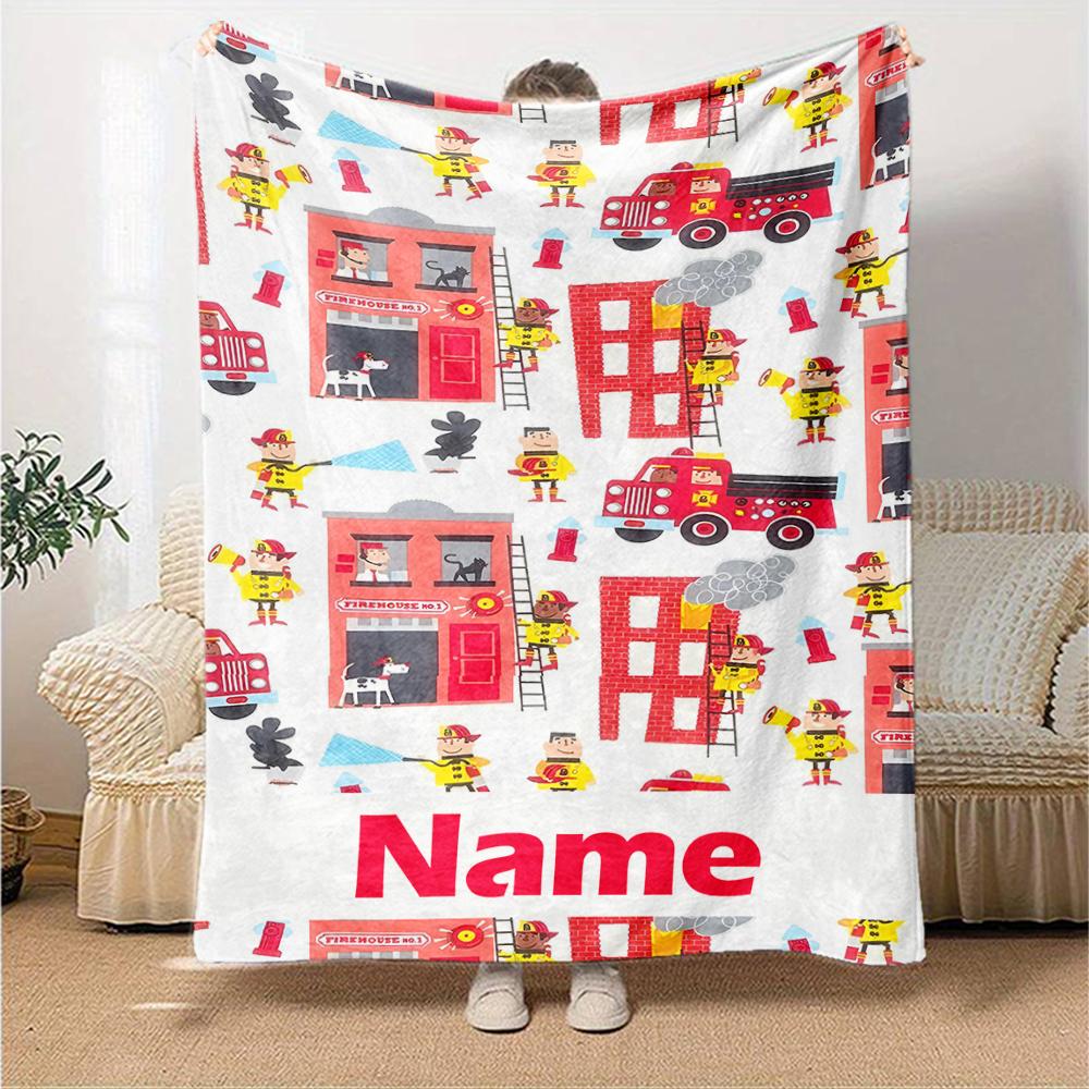 Custom Name fire truck Theme Printed Blanket - Perfect for Couch, Bed, Travel & Outdoor Use | Machine Washable, Cozy & Durable.