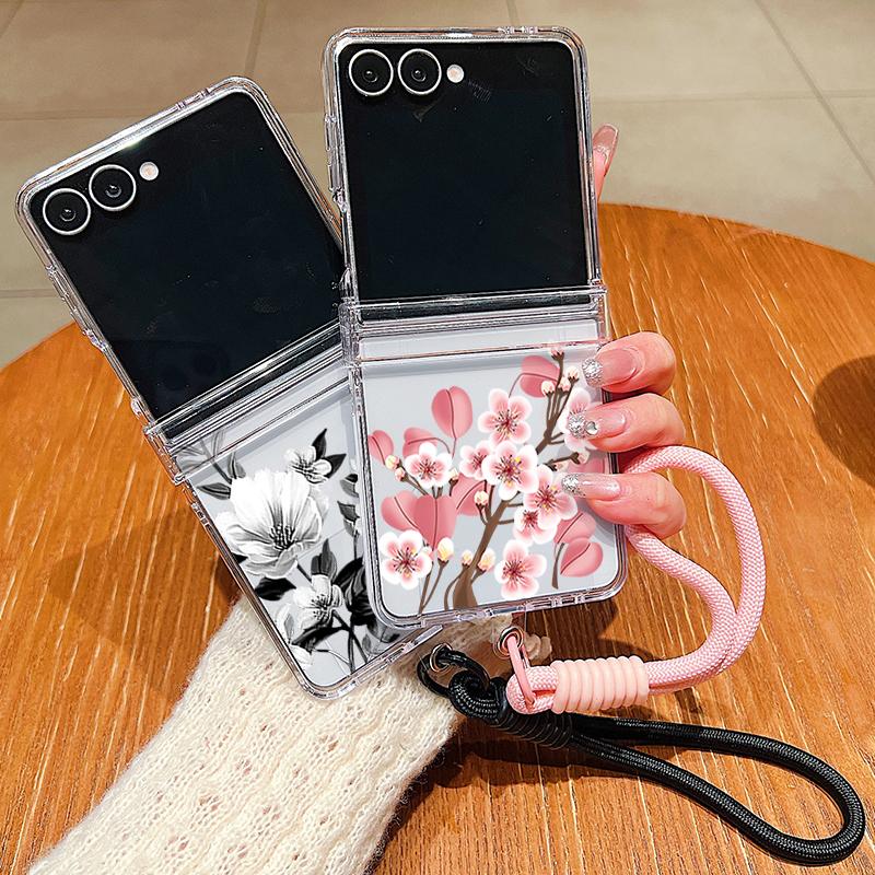 Wrist Strap Lanyard Phone Case For Samsung Galaxy Z Flip7 Flip6 Flip5 Flip 7 FE 6 5 4 3 5G Pink White Flower Pattern Clear Cover
