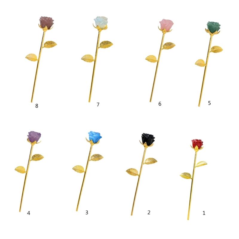 Unique Stone Rose Sculpture Gold Base Rose Adornment Stone Carved Rose Stone Texture Carving Ornament for Gifting