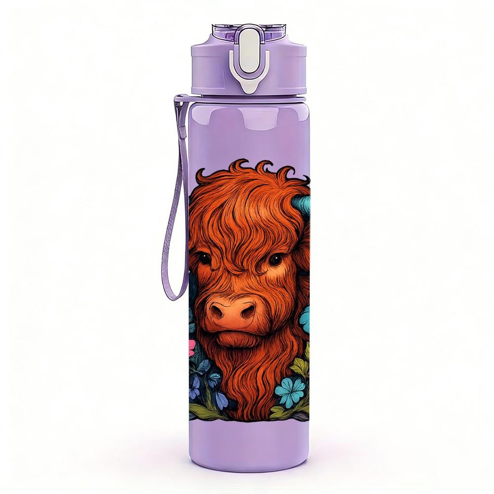 1PC Buffalo Bull Flower Portrait 750ml Color Plastic Sports Water Bottle Leakproof Flip Straw Lid Suitable for Sports Office Home Use