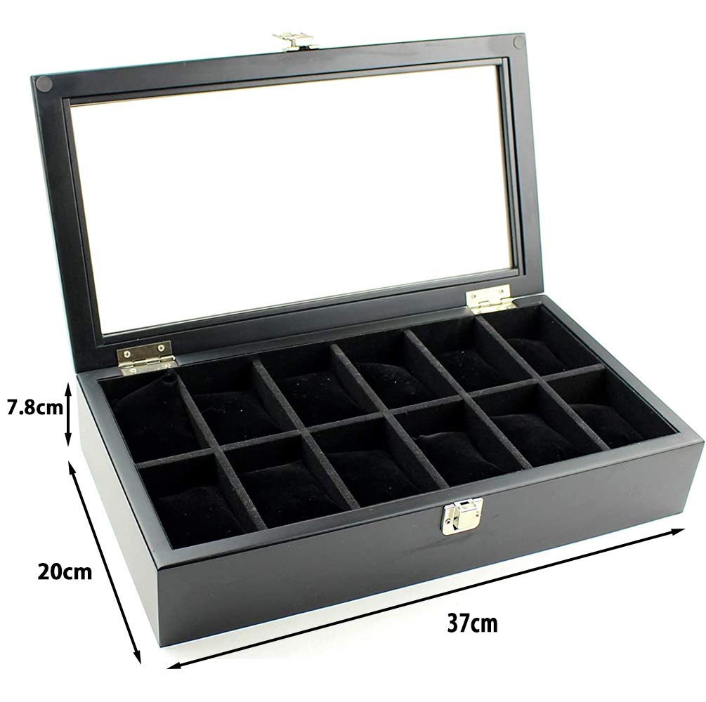 Anberotta Luxusní dřevěná krabička na hodinky pro 12 hodinek se skleněným okénkem AT50, (12 Hodinek/Černá)