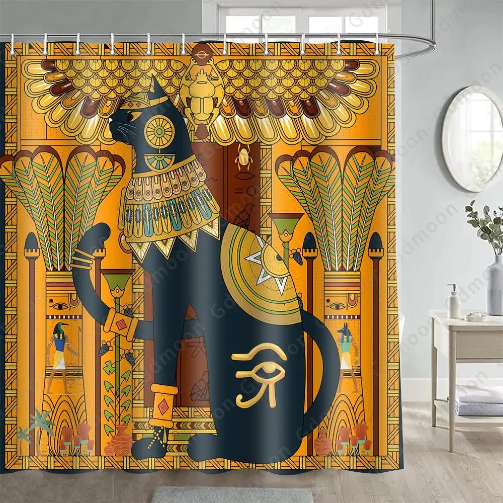 Egyptian Cat Shower Curtain Ancient Black Cat Animal Mystic Wizard Divination Astrolabe Moon Starry Sky Tarot Bathroom Curtain