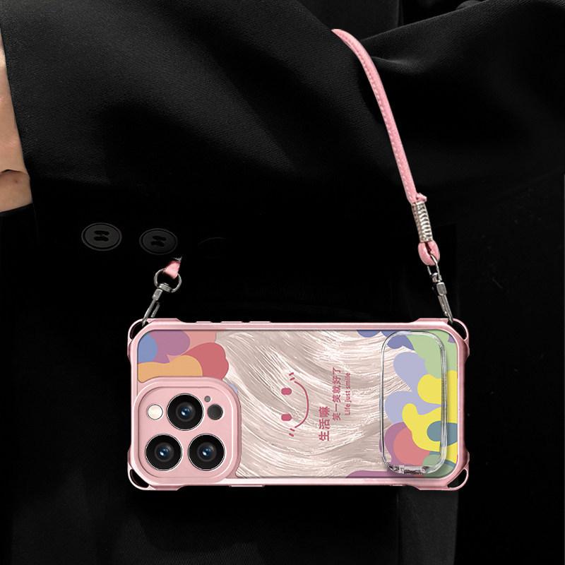 Graffiti Smiley Face Is Suitable for Apple 17pro Mobile Phone Case Honor Vivo Huawei OPPO Xiaomi New Lanyard Leather Pattern