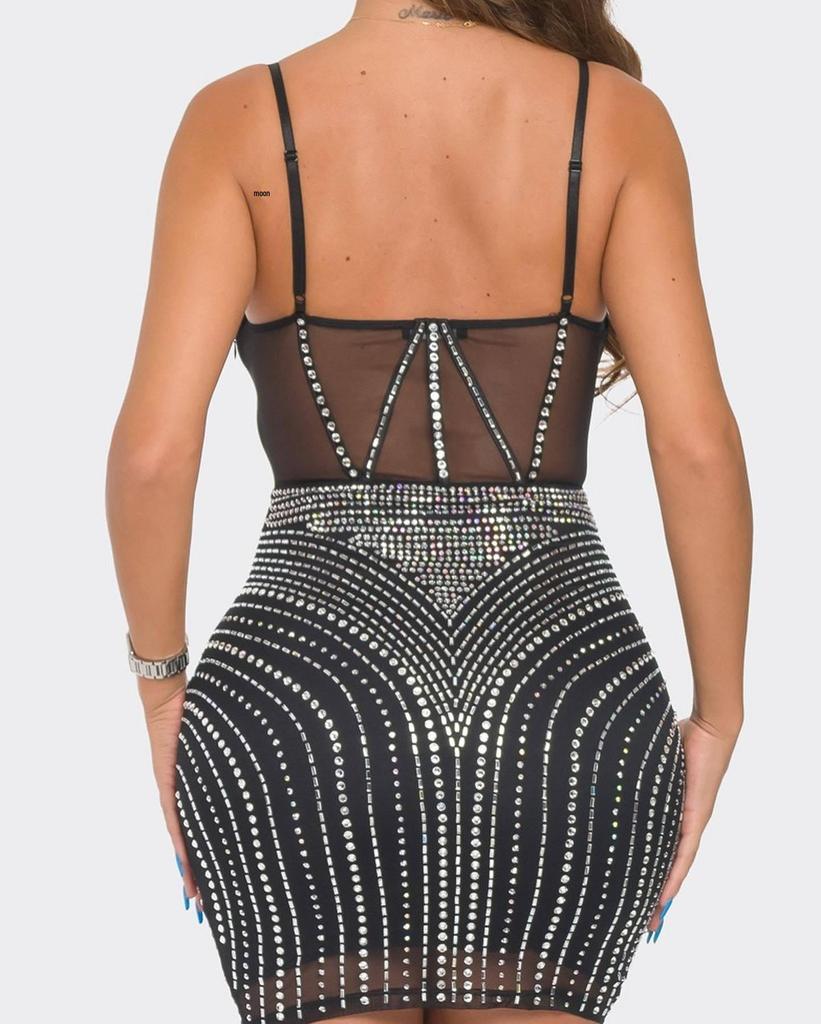 European-American Sexy Sheer Patchwork Bodycon Camisole Dress with Hot Drill Design