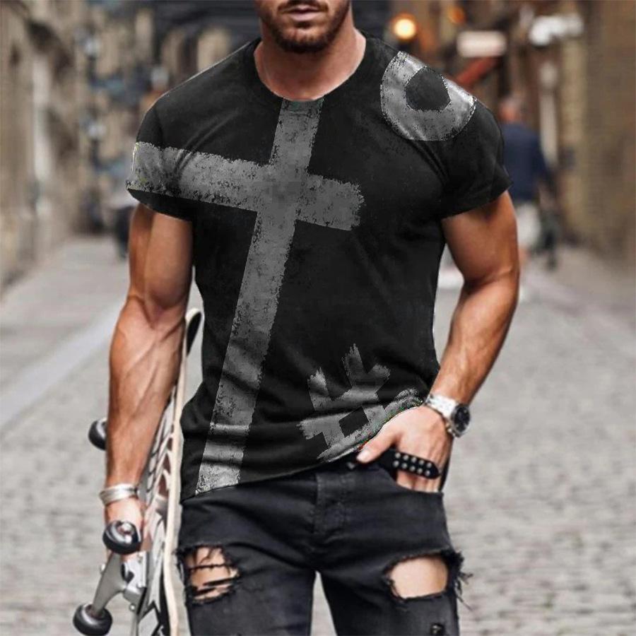 2024 Summer Retro Cross Pattern New Short Sleeved Round Neck Printed Men's T-shirt