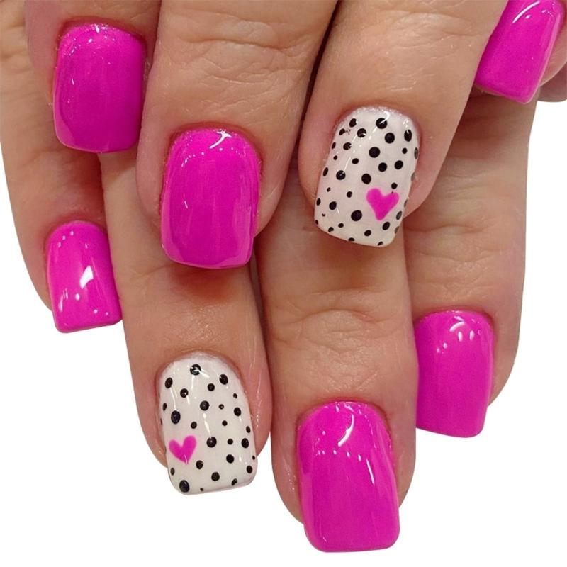

24 Pcs Valentines Day False Nail Short Square Press On Nail Heart Acrylic Nail Full Cover Stick on Nail for Women 1