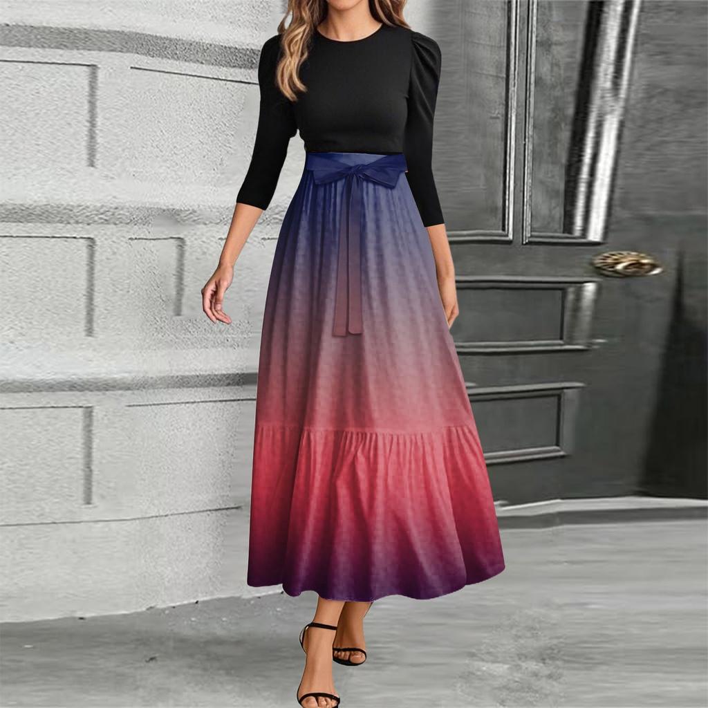 Women's Fashion Casual Belt Round Neck Gradient Splicing Elegant Temperament Three-quarter Sleeve Dress