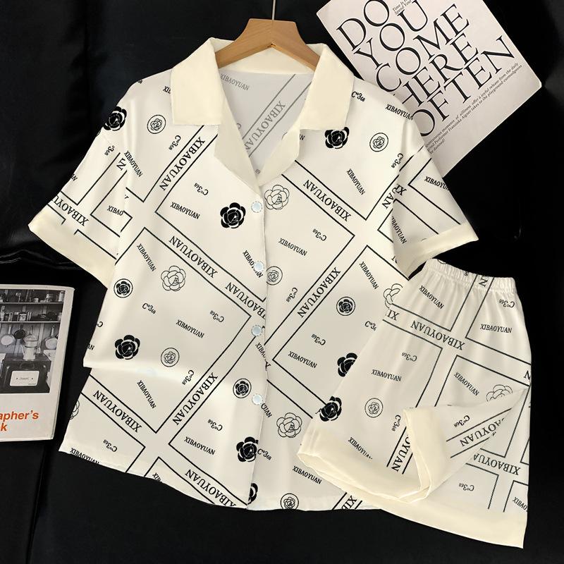 

Пижамный комплект из высококачественного ледяного шелка с принтом букв, женский летний комплект для дома в стиле маленького французского шика с цветочным принтом, с коротким рукавом M