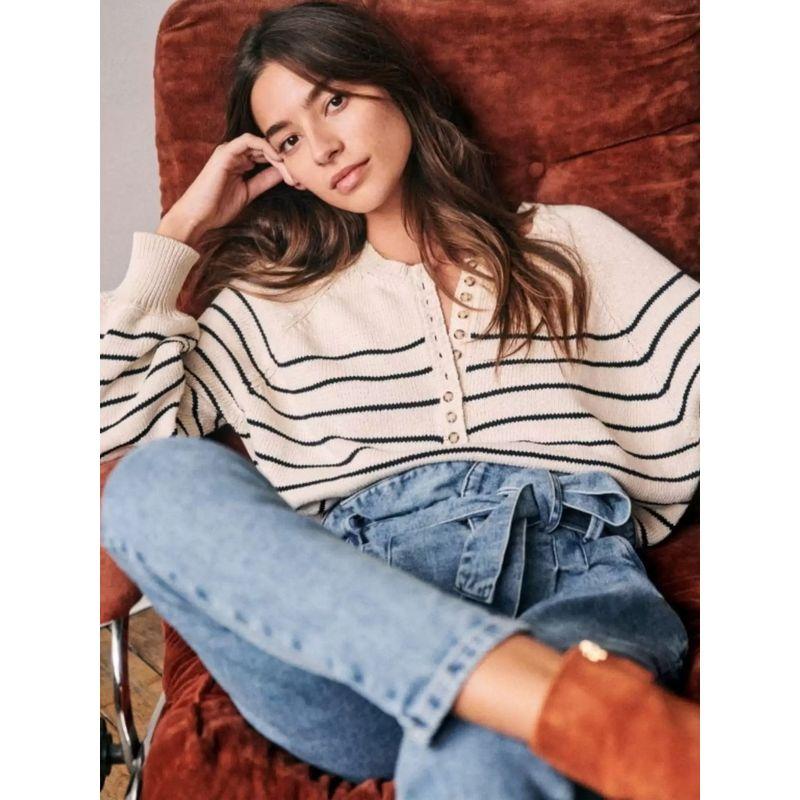Classic Stripes Henry Collar Knitwear Scandinavian Stylish Retro Button Long Sleeves Loose and Idle Pullover Sweater