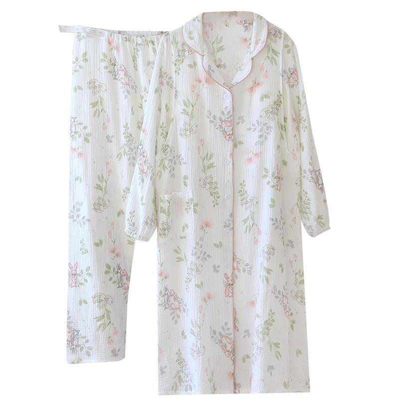 Pure Cotton Maternity Two-Piece Set: Bra-Free Crepe Skirt and Pants for Spring & Autumn - Perfect for Nursing and Delivery Room Wear